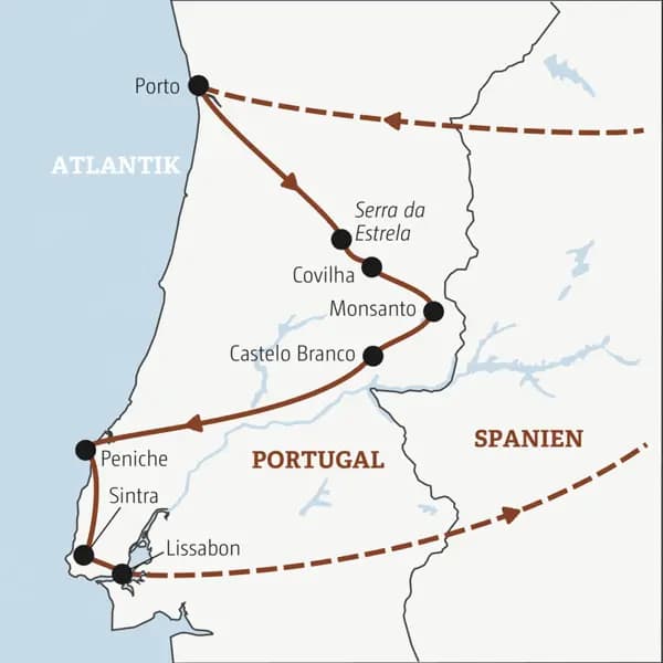 Die Rundreise mit YOUNG LINE durch Portugal führt dich von Porto nach Covilha, Monsanto, Castelo Branco, Peniche, Sintra und Lissabon.
