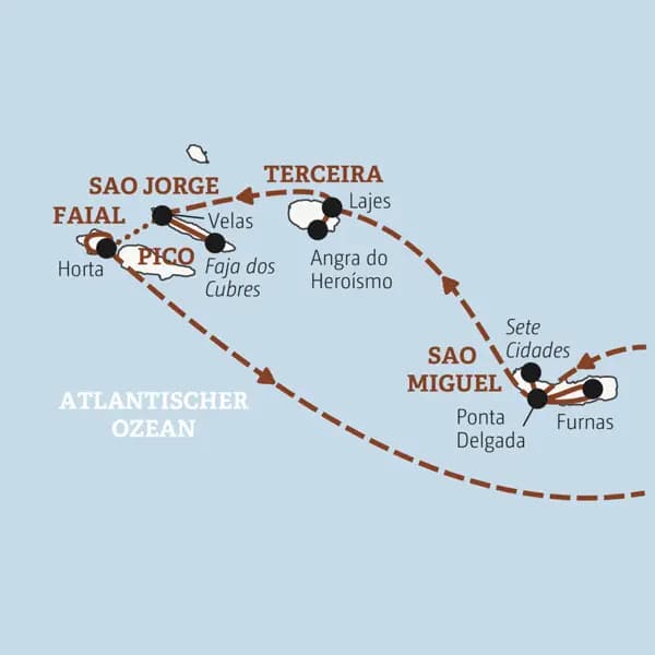 Die Rundreise mit YOUNG LINE auf die Azoren führt dich von Sao Miguel nach Terceira, Sao Jorge, Faial und auf Wunsch Pico.