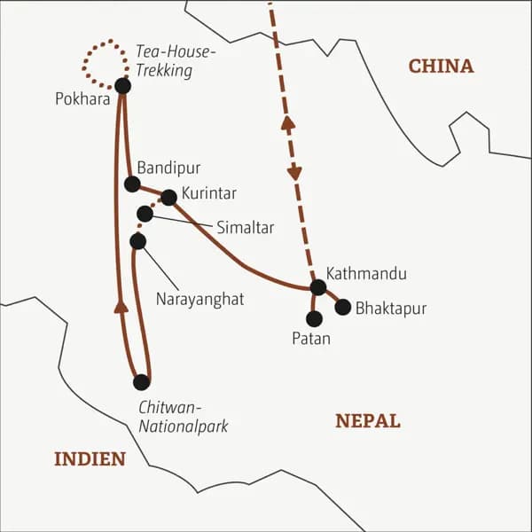 Die Rundreise mit YOUNG LINE durch Nepal führt dich von Kathmandu nach Bhaktapur, Patan, in den Chitwan-Nationalpark, nach Pokhara und Bandipur.