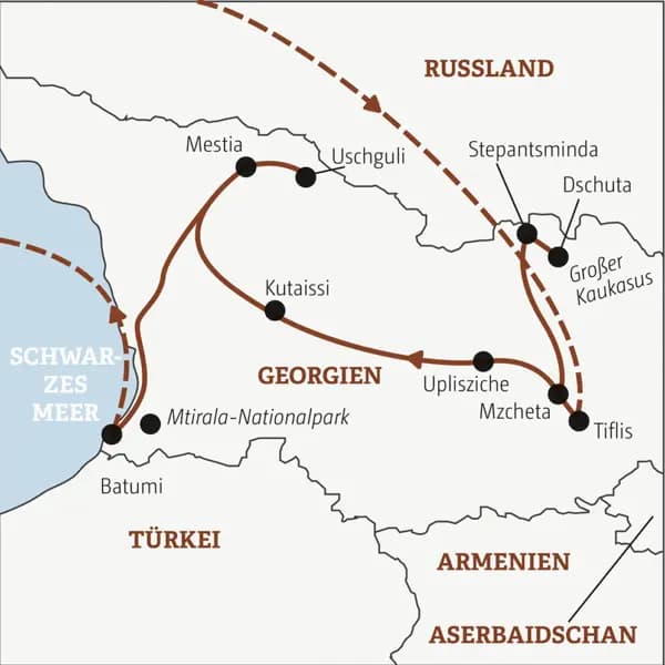 Diese Rundreise mit YOUNG LINE durch Georgien führt dich von Tiflis in den Großen Kaukasus und weiter über Uplisziche, Kutaissi und Uschguli nach Batumi.