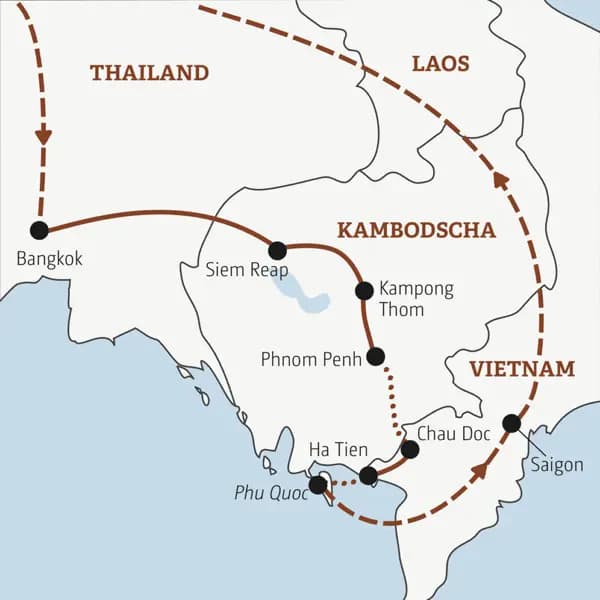 Die Rundreise mit YOUNG LINE durch drei Länder Asiens führt von Thailand über Kambodscha nach Vietnam.