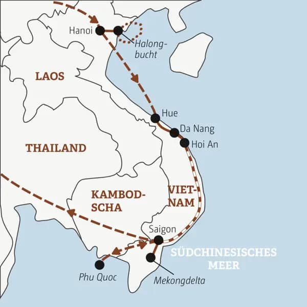 Die Rundreise mit YOUNG LINE durch Vietnam führt dich von Hanoi in die Halongbucht, nach Hue, Hoi An, Saigon, ins Mekongdelta bis nach Phu Quoc.