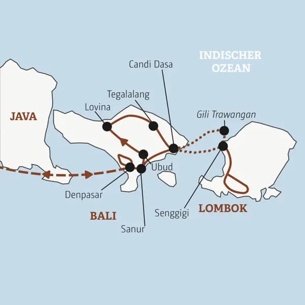 Die Rundreise mit YOUNG LINE durch Indonesien führt dich über Bali mit Sanur, Lovina, Candi Dasa und Ubud, nach Lombok und auf Gili Trawangan.