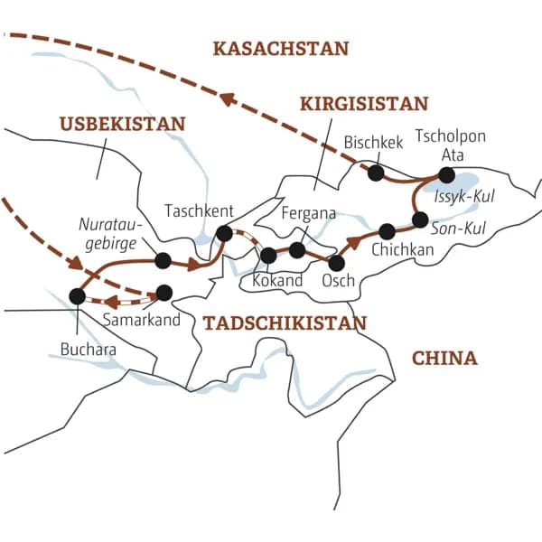 Deine Rundreise mit YOUNG LINE durch Usbekistan und Kirgisistan führt dich von Samarkand  über Buchara, Taschkent und das Ferganatal zu den Seen Son-Kul und Issyk-Kul und nach Bischkek.