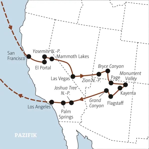 Auf dieser YOUNG LINE Reise an die Westküste der USA besuchen die Reisenden in der Gruppe die Bundesstaaten Kalifornien, Nevada und Utah.