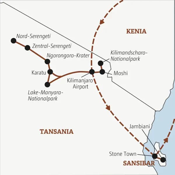 Die Rundreise mit YOUNG LINE durch Tansania führt dich zum Kilimandscharo-Nationalpark, durch den Ngorongoro-Krater, die Serengeti und zum Abschluss auf die Insel Sansibar.