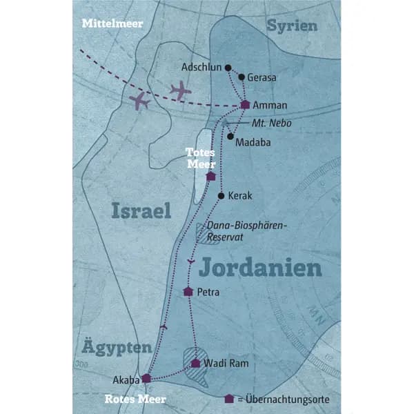 Diese Karte zeigt den Verlauf Ihrer individuellen Jordanien-Rundreise: Amman, Adschlun, Gesara, Madaba, Kerak, Petra, Wadi Ram, Akaba, Totes Meer.