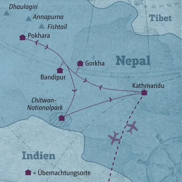 Ihre individuelle Reiseroute durch Nepal startet in Kathmandu und führt über Gorkha nach Pokhara. Über Bandipur und den Chitwan-Nationalpark geht es zurück nach Kathmandu.