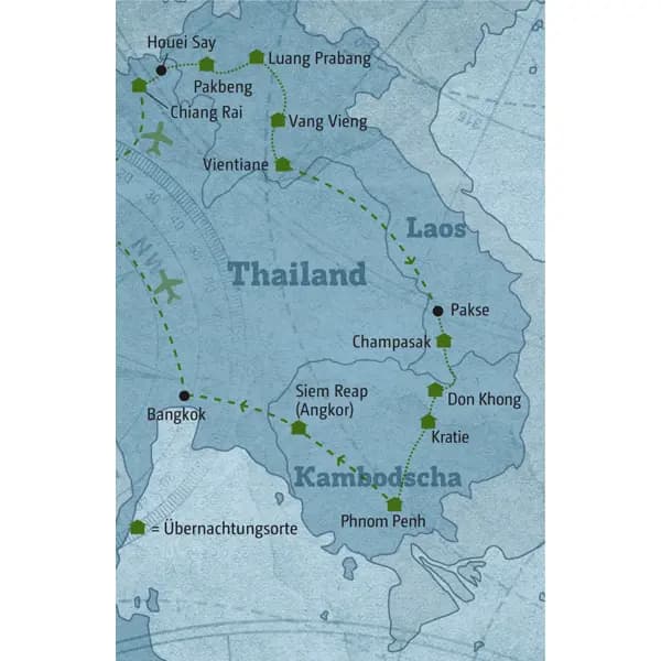 Reisekarte der individuellen Rundreise Laos - Kambodscha mit Marco Polo.