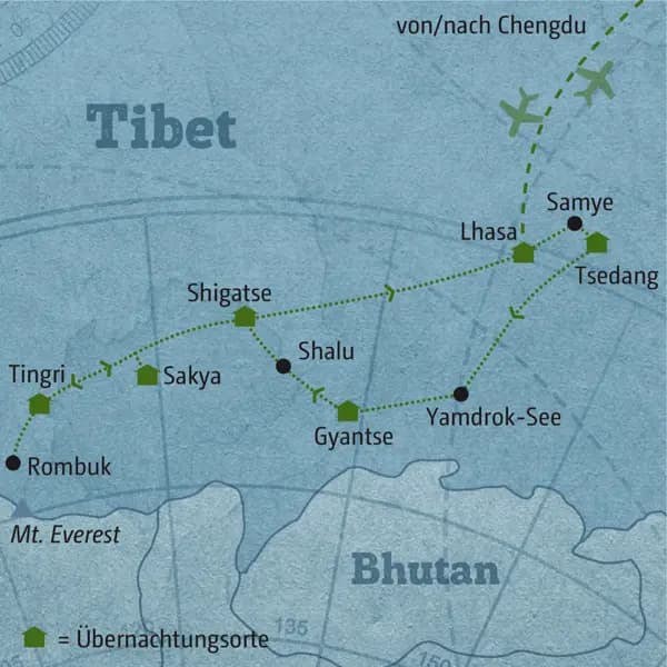 Reisekarte der Marco Polo Individuell Reise 5580 Tibet.