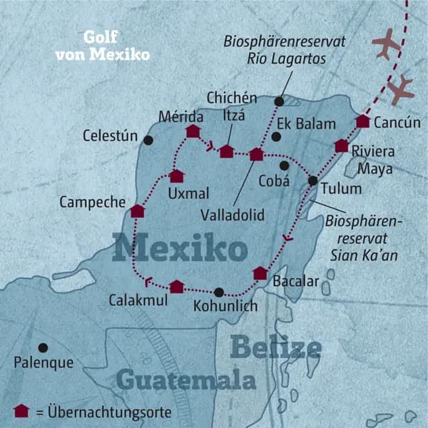 Ihre individuelle Reiseroute startet in Cancún und führt Sie über Valladolid, Chichén Itzá, Mérida, Uxmal, Calakual und Kohunlich an die Riviera Maya.