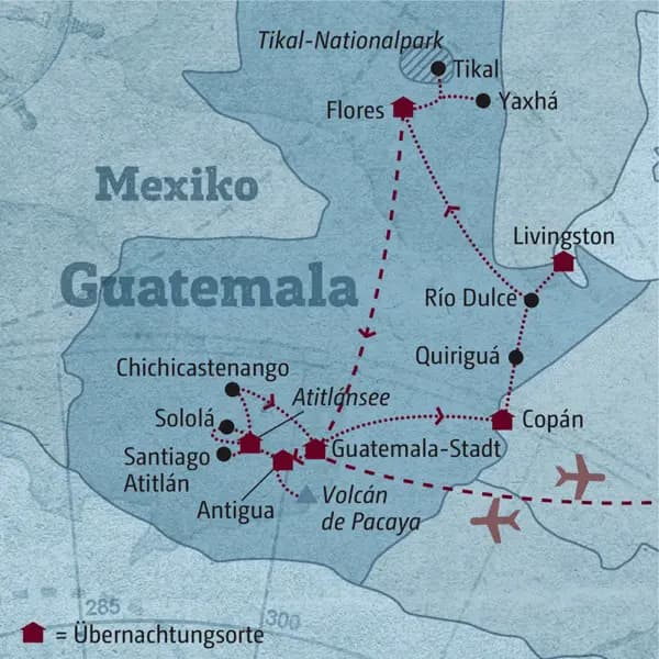 Diese individuelle Rundreise durch Guatemala führt Sie von Antigua über den Atitlánsee nach Copán in Honduras und weiter über Livingston nach Flores.