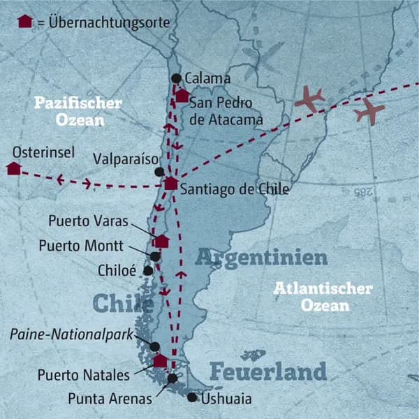 Ihre individuelle Reiseroute führt Sie zu den Höhepunkten Chiles: die trockenste Wüste der Welt, die Atacama, mit ihren Salzseen; nach Patagonien in den Torres-del-Paine-Nationalpark mit seiner rauen Landschaft und beeindruckenden Gletschern und in das Seengebiet um Puerto Montt, das von Vulkanen eingerahmt ist. Krönender Abschluss ist der Besuch der Osterinsel.