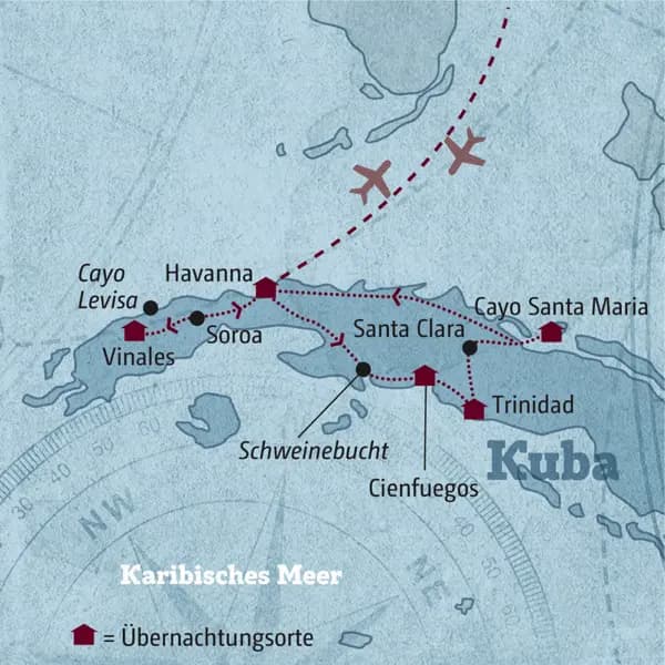 Ihre Reiseroute durch den Westen Kubas mit Beginn in Havanna. Sie besichtigen unter anderem Vinales, Cienfuegos, Trinidad und beenden die Reise auf Cayo Santa Maria zum Baden.