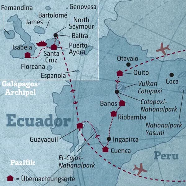 Diese individuelle Rundreise führt Sie von Quito über Banos, Riobamba und Cuenca nach Guayaquil und anschließend auf die Galápagos-Inseln.