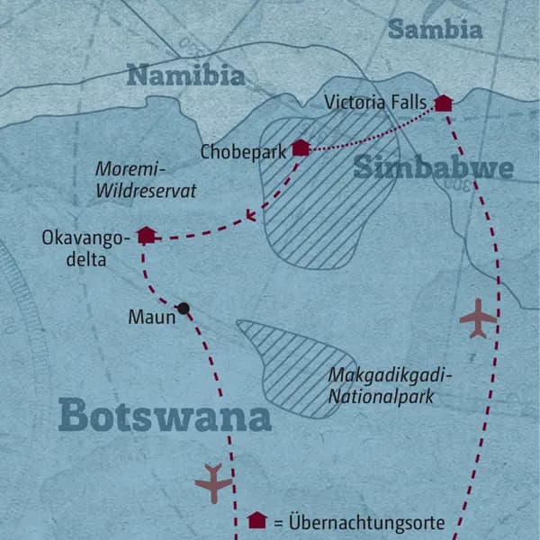 Diese Reisekarte zeigt den Verlauf der Marco Polo Individuell Reise Botswana: Victoria Falls, Chobepark, Okavangodelta.