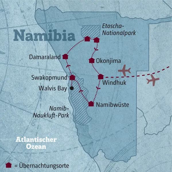 Diese Reisekarte zeigt den Verlauf der individuellen Marco Polo Reise Namibia: Windhuk, Namibwüste, Swakopmund, Walvis Bay, Damaraland, Etoscha-Nationalpark.