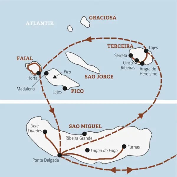 Die Karte zeigt den Verlauf unserer Rundreise über die Azoren im Team: Ponta Delgada auf Sao Miguel, Angra do Heroísmo auf Terceira, Horta, Pico, Furnas.