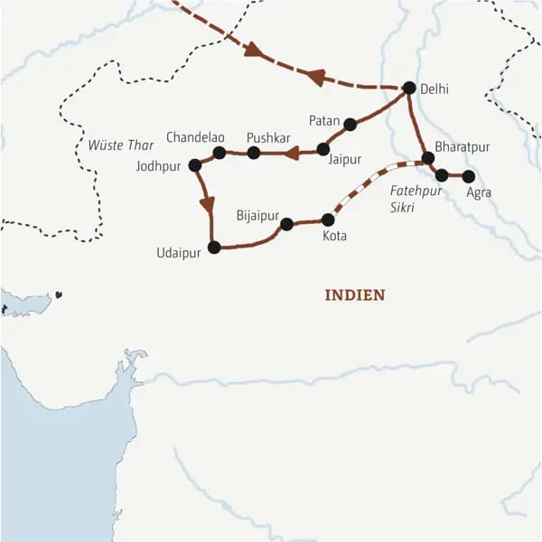 Die Karte zeigt den Verlauf der Rundreise durch Rajasthan in kleiner Gruppe: Delhi, Patan, Jaipur, Pushkar, Chandelao, Jodhpur, Udaipur, Bijaipur, Kota, Fatehpur Sikri, Bharatpur, Agra.