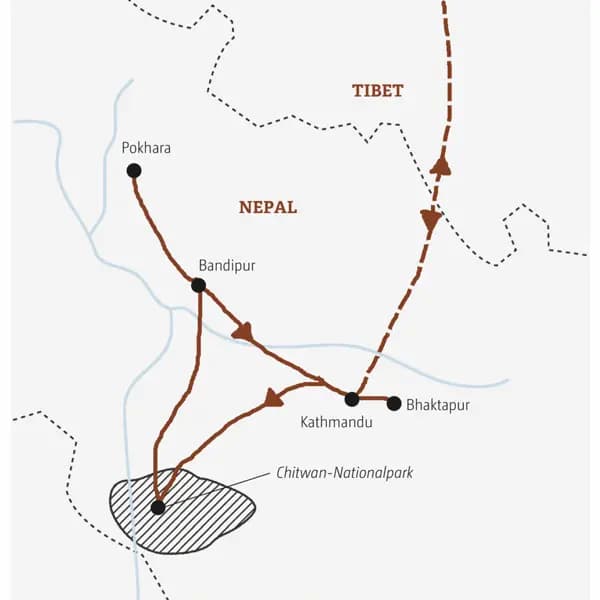 Die Karte zeigt die Route der Mini-Gruppen-Reise nach Nepal: Kathmandu, Chitwan-Nationalpark, Bandipur, Pokhara, Bhaktapur.