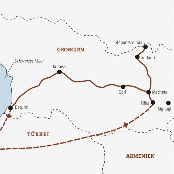 Die Route unserer Rundreise in der Mini-Gruppe durch Georgien startet in Tiflis, führt in die Bergwelt des Großen Kaukaus, dann über Gori nach Kutaissi und am Ende nach Batumi am Schwarzen Meer.