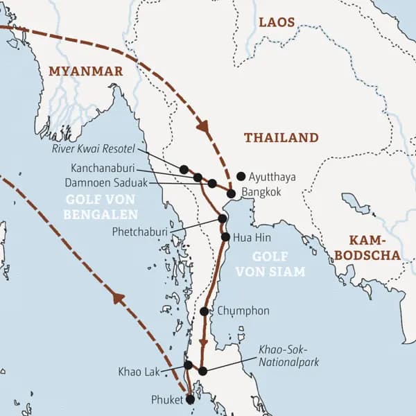 Diese Entdeckerreise mit Marco Polo führt Sie von Bangkok über Kanchanaburi, Hua Hin und Chumphon in den Khao-Sok-Nationalpark und weiter nach Khao Lak.