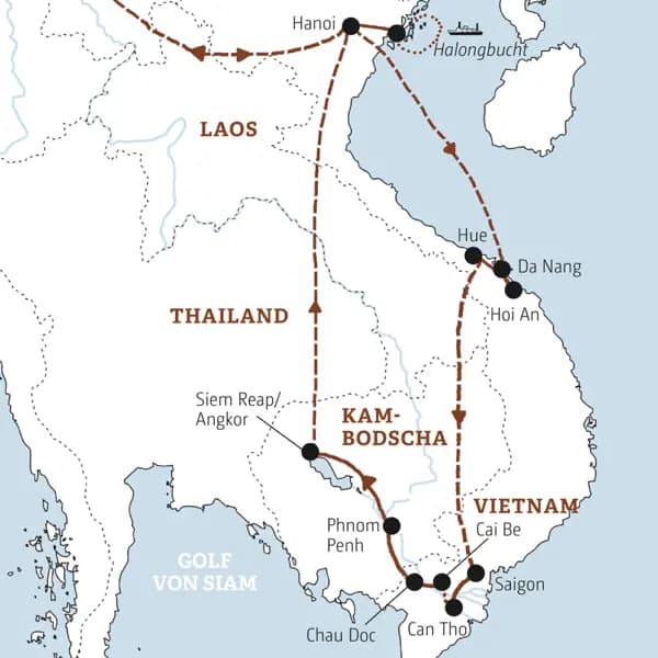Ihre Rundreise durch Vietnam und Kambodscha führt Sie in die Halongbucht, nach Hoi An, Hue und Saigon und weiter ins Mekongdelta, nach Phnom Penh und Angkor Wat.