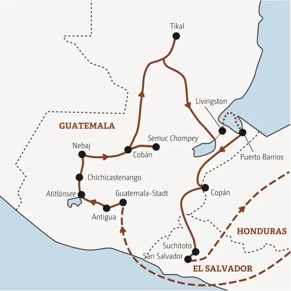 Die Reise mit Marco Polo in der Mini-Gruppe durch Guatemala und El Salvador führt Sie von Guatemala-Stadt über Antigua, den Atitlánsee, Cobán und Tikal nach Livingston an der Karibikküste. Weiter geht es mit einem Abstecher nach Copán in Honduras nach Suchitoto in El Salvador.