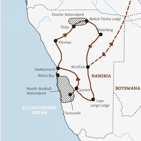 Ihre Rundreise durch Namibia führt Sie von Windhuk über das Sossusvlei, Swakopmund und Twyfelfontein zum Etoschapark und von dort über den Waterberg zurück.