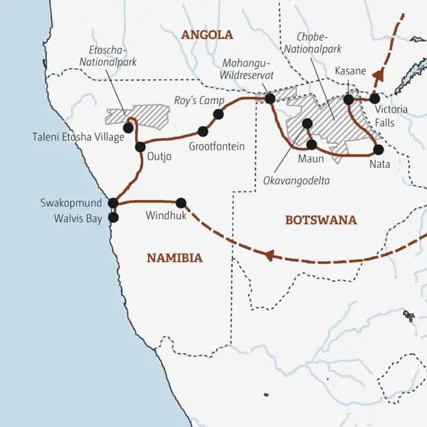 Überlandtour vom Atlantik zu den Viktoriafällen, quer durch Namibia und Botswana. Ein Safari-Erlebnis der besonderen Art in kleiner Gruppe,