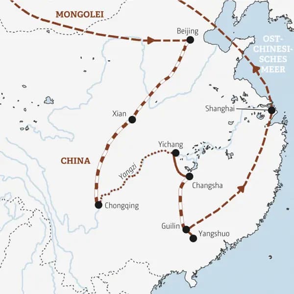 Diese Entdeckerreise in der Gruppe führt Sie von Beijing über Xian, auf dem Yangzi flussabwärts, nach Guilin und schließlich bis nach Shanghai.