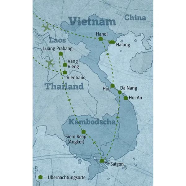 Reisekarte der Marco Polo Individuell Rundreise 5283 Vietnam ¿Kambodscha - Laos