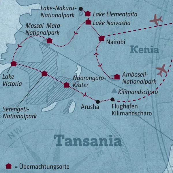 Ihre Reiseroute durch Kenia und Tansania startet in Nairobi und führt über den Amboseli-Nationalpark, die Massai Mara, den Lake Victoria, die Serengeti und den Ngorongoro-Krater nach Arusha.