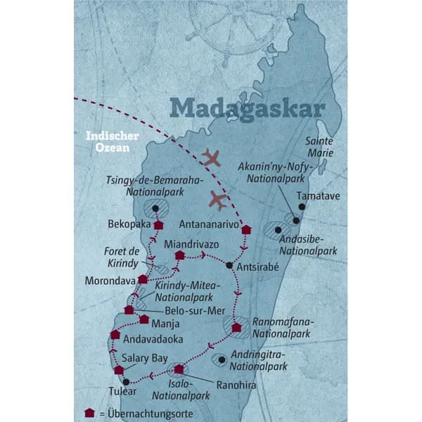 Ihre individuelle Reise durch Madagaskar führt von Antananarivo über den Ranomafana-Nationalpark, den Isalo-Nationalpark, Salary Bay, die Allee der Baobas zu den Tsingys und wieder zurück nach Antananarivo.