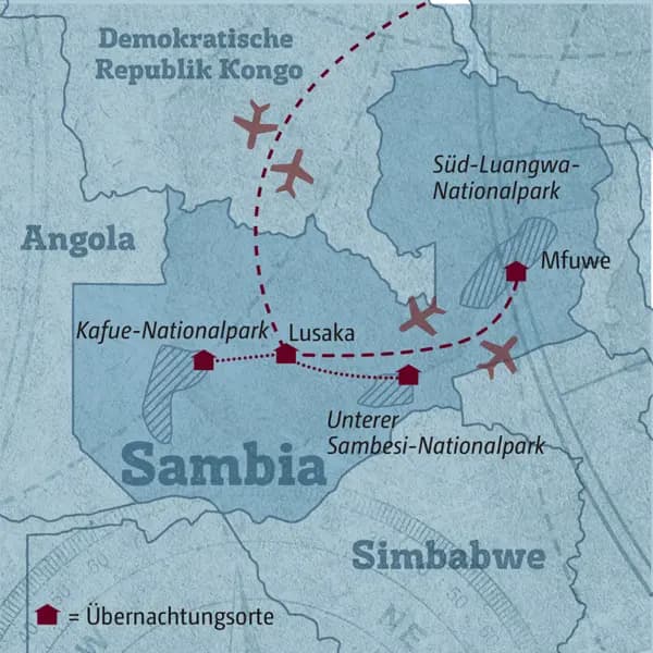 Auf dieser Reise durch Sambia erkunden Sie die schönsten Nationalparks. Von Lusaka führt die Route in den Kafue-Nationalpark, in den Unteren-Sambesi-Nationalpark und als Highlight in den Süd-Luangwa-Nationalpark.