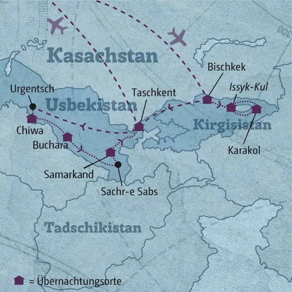 Ihre individuelle Rundreise durch Usbekistan und Kirgisistan beginnt in Bischkek und führt Sie zum Issyk-Kul, nach Karakol, weiter nach Taschkent, Chiwa, Buchara und Samarkand.