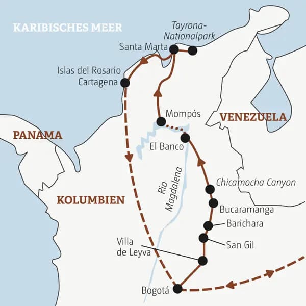 Die Rundreise mit YOUNG LINE durch Kolumbien führt dich von Bogotá nach Bucaramanga bis Santa Marta und Cartagena.