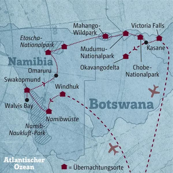 Diese Reisekarte zeigt den Verlauf der individuellen Marco Polo Reise Namibia - Botswana: Windhuk, Namibwüste, Swakopmund, Walvis Bay, Etoscha-Nationalpark, Mahango-Wildpark, Mudumu-Nationalpark, Chobe-Nationlpark, Victoria Falls, Okavangodelta.