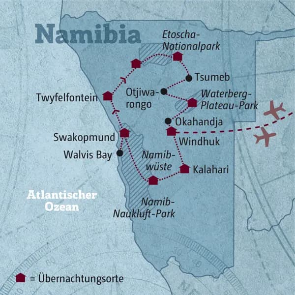 Diese Reisekarte zeigt den Verlauf der individuellen Marco Polo Mietwagenreise Namibia: Windhuk, Kalahari, Namibwüste, Swakopmund, Walvis Bay, Twyfelfontein, Etoscha-Nationlpark, Tsumeb, Waterberg.