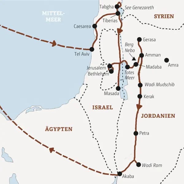 Stationen der Marco Polo Reise Israel - Jordanien 3642 sind unter anderem Tel Aviv, Tiberias, Madaba, Amman, Petra und Akaba.